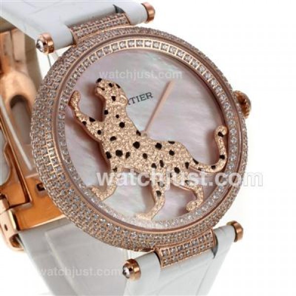 Cartier Panthere de Cartier Rose Gold Case Full Diamond Bezel with Pink MOP Dial-Leather Strap
