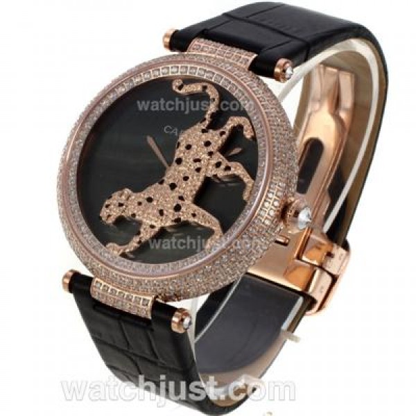 Cartier Panthere de Cartier Rose Gold Case Full Diamond Bezel with Black MOP Dial-Leather Strap