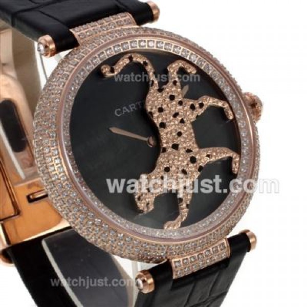 Cartier Panthere de Cartier Rose Gold Case Full Diamond Bezel with Black MOP Dial-Leather Strap
