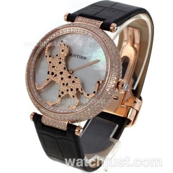Cartier Panthere de Cartier Rose Gold Case Full Diamond Bezel with Grey MOP Dial-Leather Strap