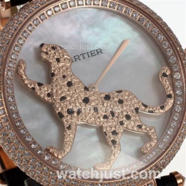Cartier Panthere de Cartier Rose Gold Case Full Diamond Bezel with Grey MOP Dial-Leather Strap