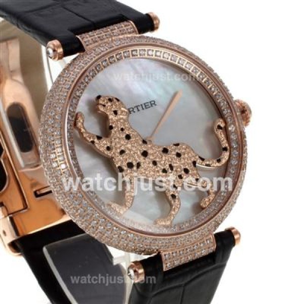 Cartier Panthere de Cartier Rose Gold Case Full Diamond Bezel with Grey MOP Dial-Leather Strap