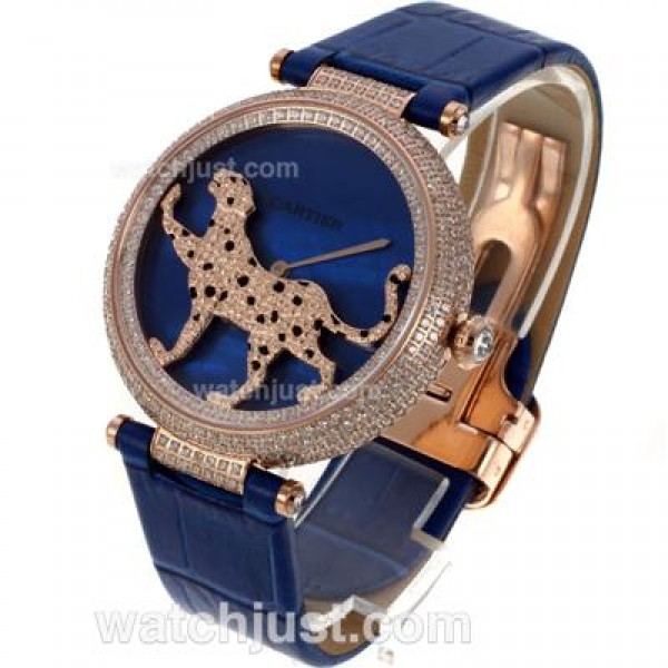 Cartier Panthere de Cartier Rose Gold Case Full Diamond Bezel with Blue MOP Dial-Leather Strap