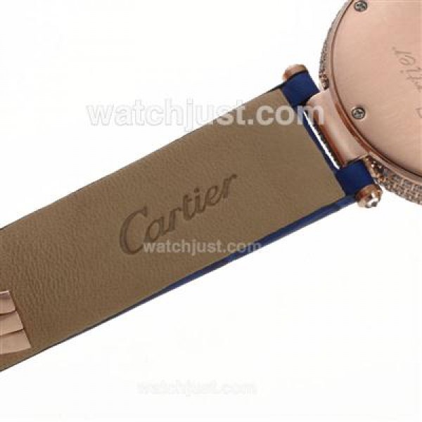 Cartier Panthere de Cartier Rose Gold Case Full Diamond Bezel with Blue MOP Dial-Leather Strap