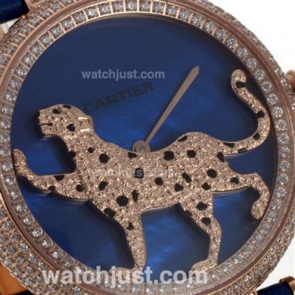 Cartier Panthere de Cartier Rose Gold Case Full Diamond Bezel with Blue MOP Dial-Leather Strap