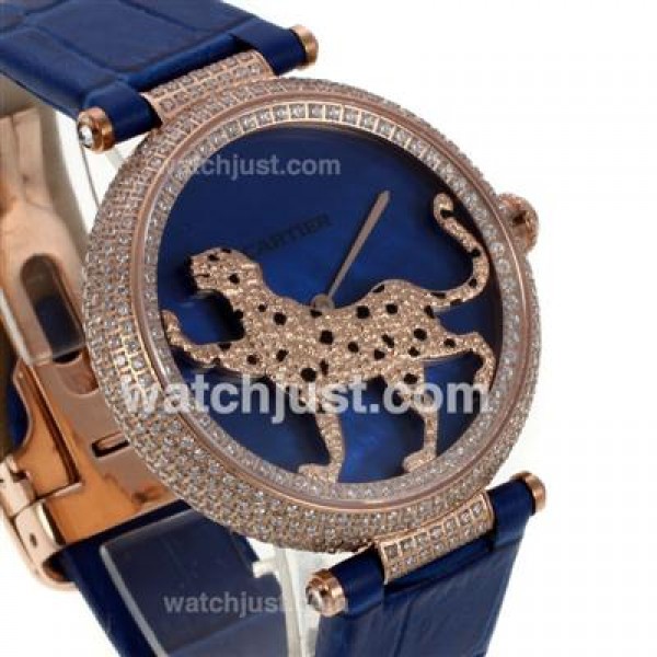Cartier Panthere de Cartier Rose Gold Case Full Diamond Bezel with Blue MOP Dial-Leather Strap