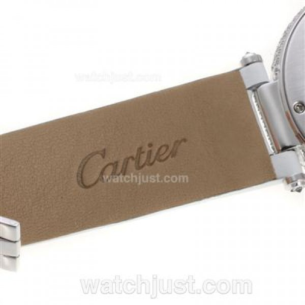 Cartier Panthere de Cartier Full Diamond Bezel with Grey MOP Dial-White Leather Strap