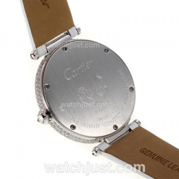 Cartier Panthere de Cartier Full Diamond Bezel with Grey MOP Dial-White Leather Strap