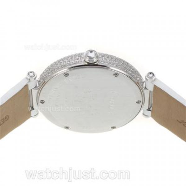 Cartier Panthere de Cartier Full Diamond Bezel with Grey MOP Dial-White Leather Strap