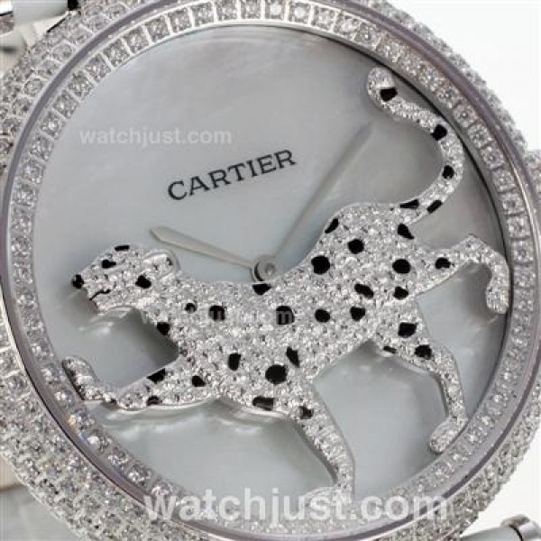 Cartier Panthere de Cartier Full Diamond Bezel with Grey MOP Dial-White Leather Strap