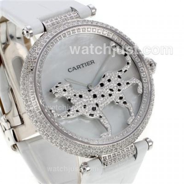 Cartier Panthere de Cartier Full Diamond Bezel with Grey MOP Dial-White Leather Strap