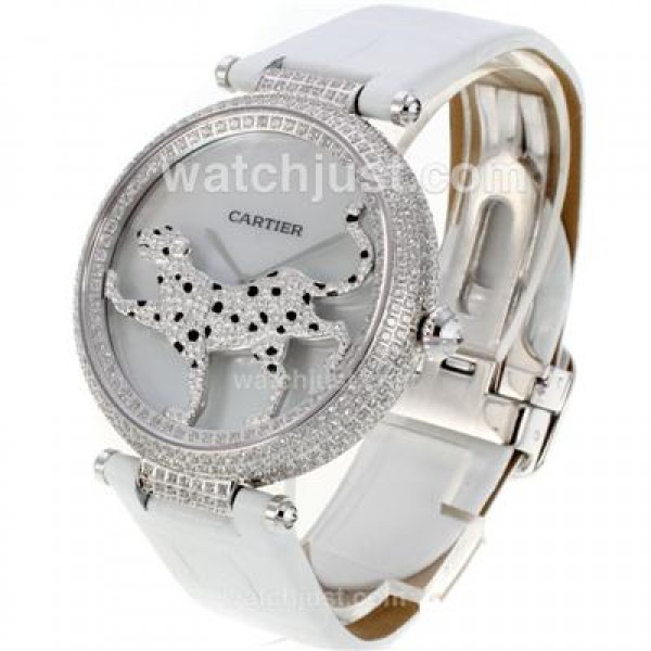 Cartier Panthere de Cartier Full Diamond Bezel with Grey MOP Dial-White Leather Strap