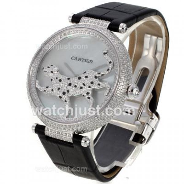 Cartier Panthere de Cartier Full Diamond Bezel with Grey MOP Dial-Black Leather Strap