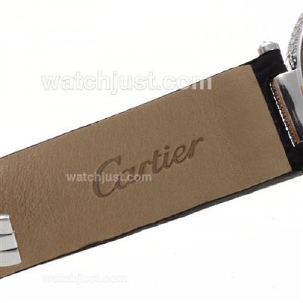 Cartier Panthere de Cartier Full Diamond Bezel with Grey MOP Dial-Black Leather Strap