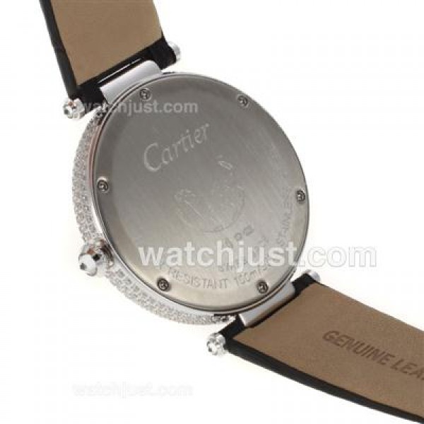 Cartier Panthere de Cartier Full Diamond Bezel with Grey MOP Dial-Black Leather Strap