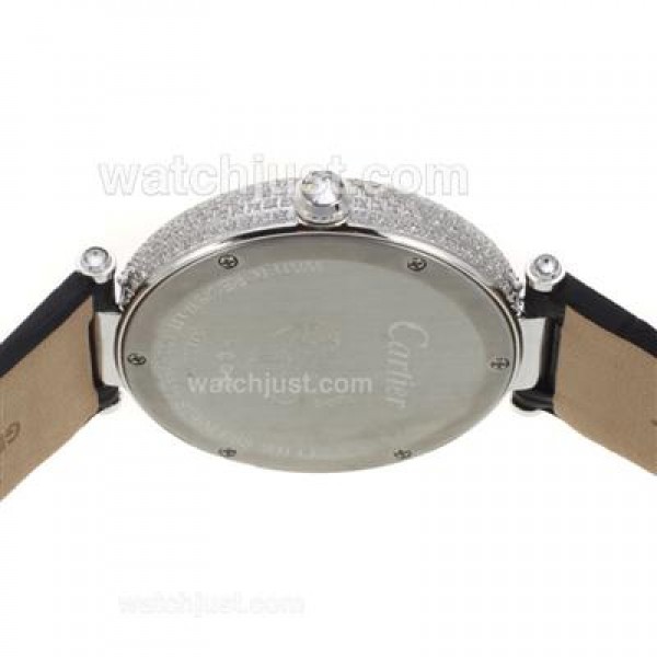 Cartier Panthere de Cartier Full Diamond Bezel with Grey MOP Dial-Black Leather Strap