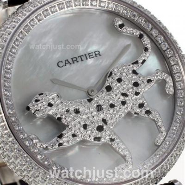 Cartier Panthere de Cartier Full Diamond Bezel with Grey MOP Dial-Black Leather Strap