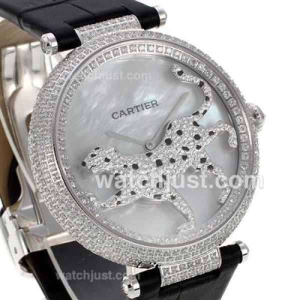 Cartier Panthere de Cartier Full Diamond Bezel with Grey MOP Dial-Black Leather Strap