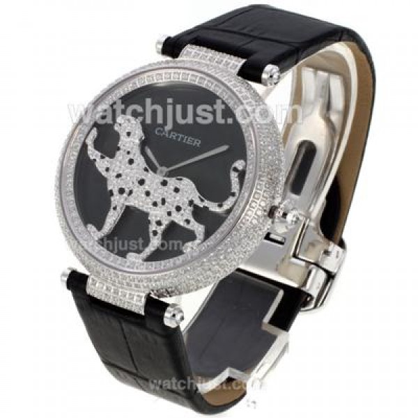 Cartier Panthere de Cartier Full Diamond Bezel with Black MOP Dial-Leather Strap