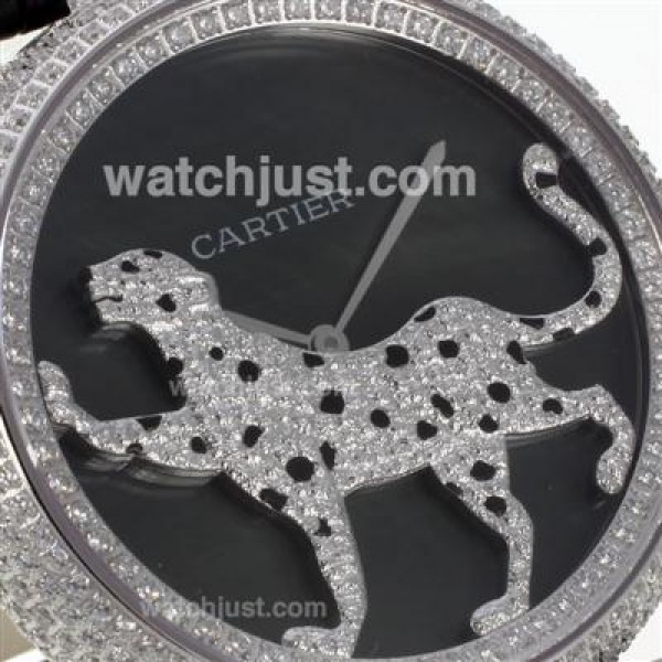 Cartier Panthere de Cartier Full Diamond Bezel with Black MOP Dial-Leather Strap