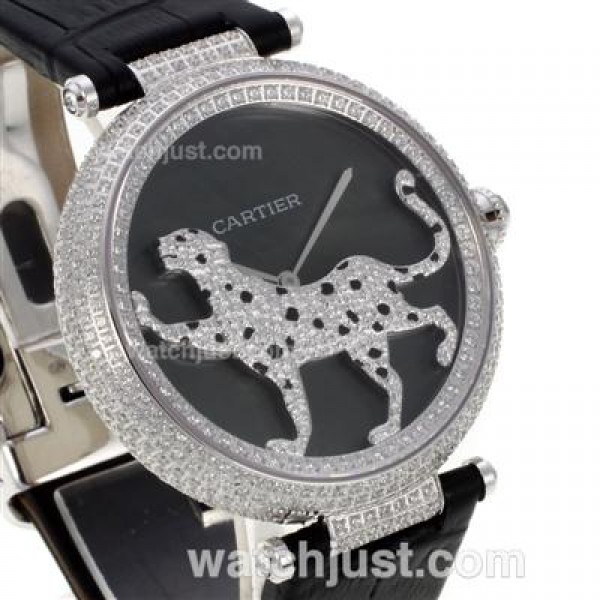 Cartier Panthere de Cartier Full Diamond Bezel with Black MOP Dial-Leather Strap