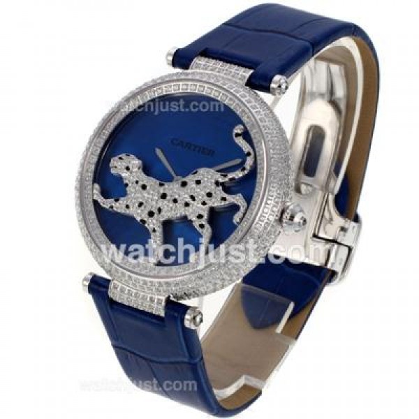 Cartier Panthere de Cartier Full Diamond Bezel with Blue MOP Dial-Leather Strap