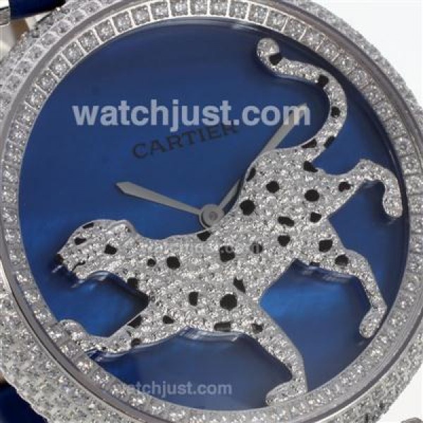 Cartier Panthere de Cartier Full Diamond Bezel with Blue MOP Dial-Leather Strap