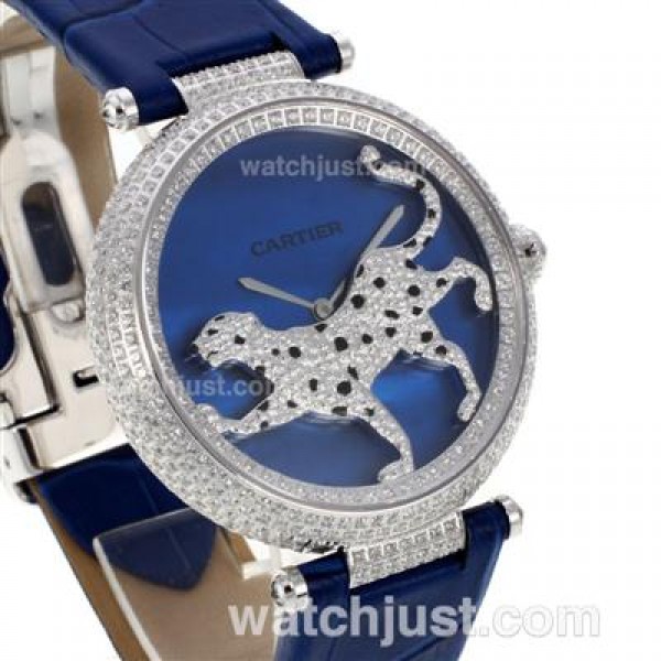 Cartier Panthere de Cartier Full Diamond Bezel with Blue MOP Dial-Leather Strap