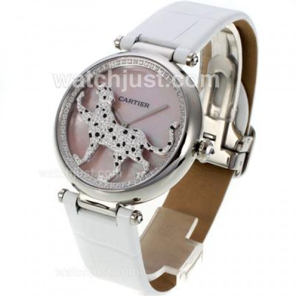 Cartier Panthere de Cartier Diamond Bezel with Pink MOP Dial-Leather Strap