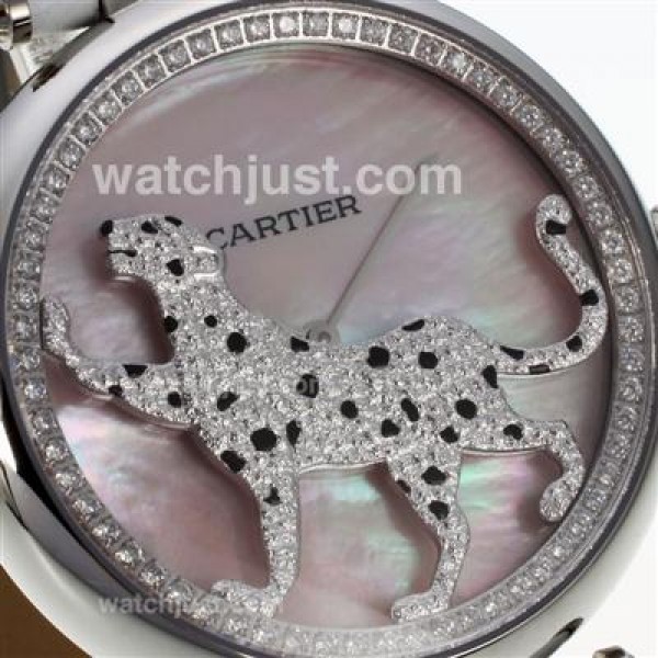 Cartier Panthere de Cartier Diamond Bezel with Pink MOP Dial-Leather Strap