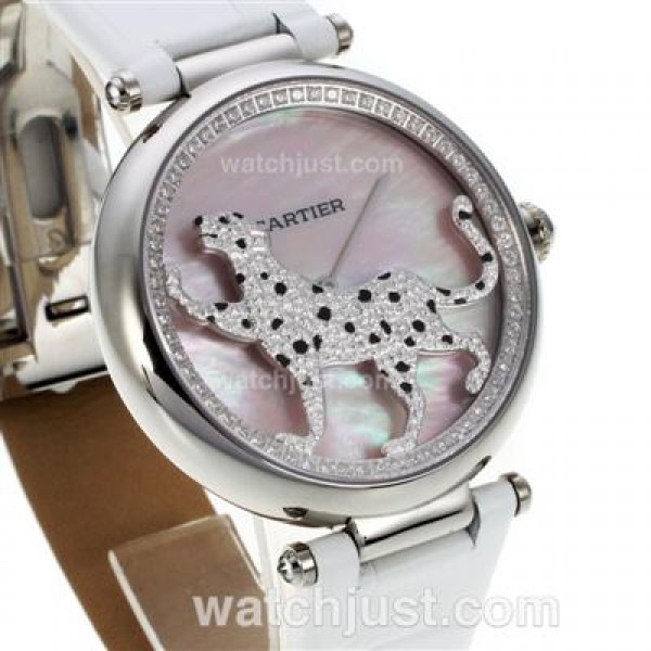 Cartier Panthere de Cartier Diamond Bezel with Pink MOP Dial-Leather Strap