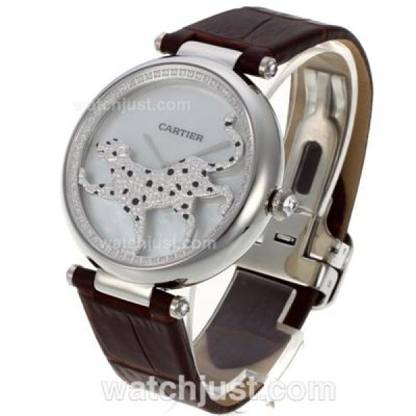 Cartier Panthere de Cartier Diamond Bezel with White MOP Dial-Leather Strap