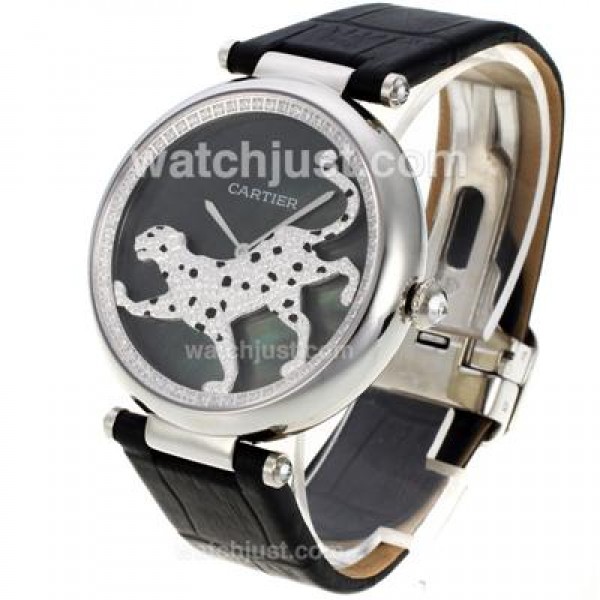 Cartier Panthere de Cartier Diamond Bezel with Black MOP Dial-Leather Strap