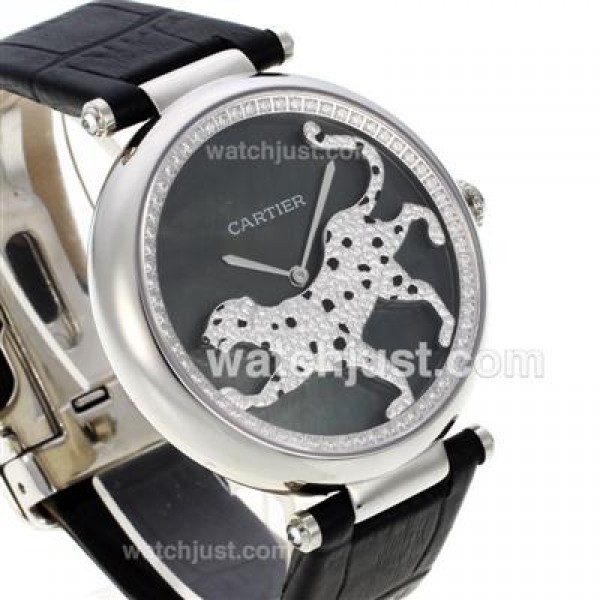 Cartier Panthere de Cartier Diamond Bezel with Black MOP Dial-Leather Strap