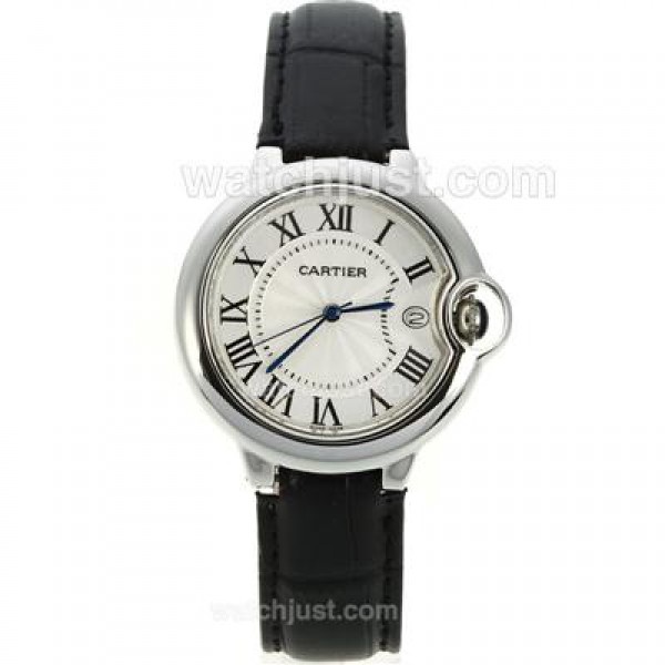 Cartier Ballon bleu de Cartier with White Dial-Black Leather Strap-Medium Size
