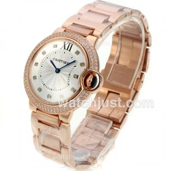 Cartier Ballon bleu de Cartier Full Rose Gold Diamond Bezel Diamond Markers with White Dial-Medium Size