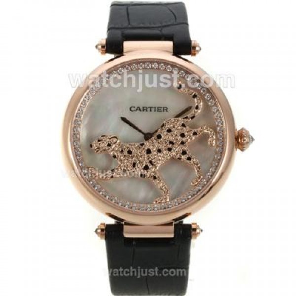 Cartier Panthere de Cartier Rose Gold Case Diamond Bezel with White MOP Dial-Black Leather Strap