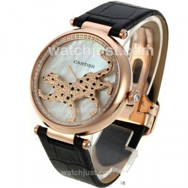 Cartier Panthere de Cartier Rose Gold Case Diamond Bezel with White MOP Dial-Black Leather Strap