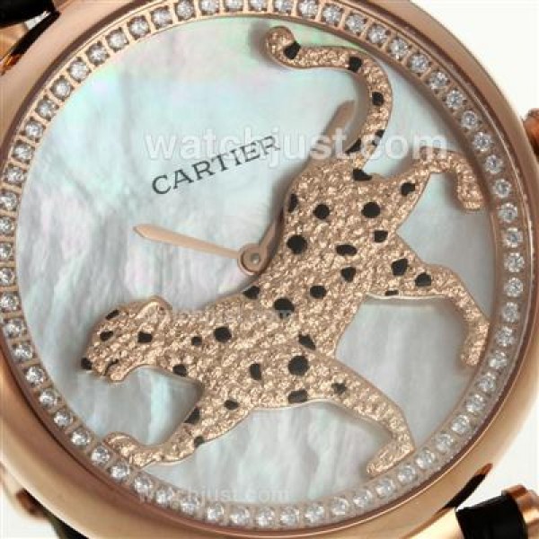Cartier Panthere de Cartier Rose Gold Case Diamond Bezel with White MOP Dial-Black Leather Strap