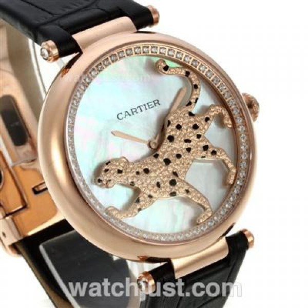 Cartier Panthere de Cartier Rose Gold Case Diamond Bezel with White MOP Dial-Black Leather Strap