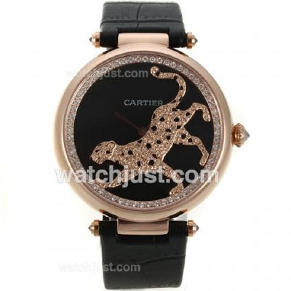 Cartier Panthere de Cartier Rose Gold Case Diamond Bezel with Black MOP Dial-Leather Strap