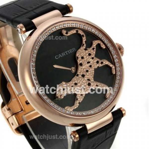 Cartier Panthere de Cartier Rose Gold Case Diamond Bezel with Black MOP Dial-Leather Strap