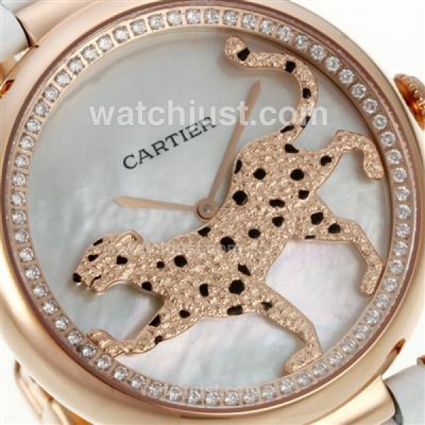 Cartier Panthere de Cartier Rose Gold Case Diamond Bezel with White MOP Dial-White Leather Strap