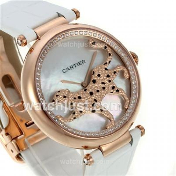 Cartier Panthere de Cartier Rose Gold Case Diamond Bezel with White MOP Dial-White Leather Strap