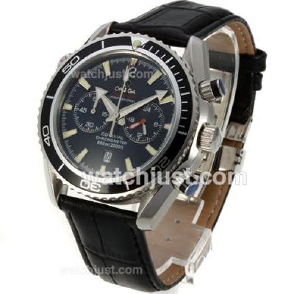 Omega Seamaster Planet Ocean Working Chronograph Black Bezel with Black Dial-Black Leather Strap