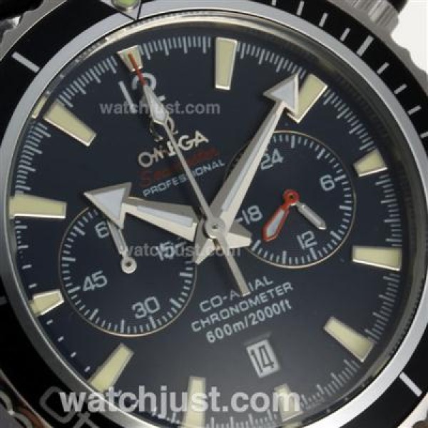 Omega Seamaster Planet Ocean Working Chronograph Black Bezel with Black Dial-Black Leather Strap