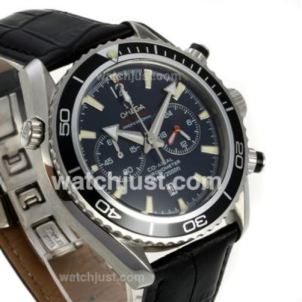 Omega Seamaster Planet Ocean Working Chronograph Black Bezel with Black Dial-Black Leather Strap