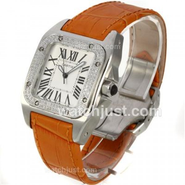 Cartier Santos 100 Diamond Bezel with White Dial-Orange Leather Strap