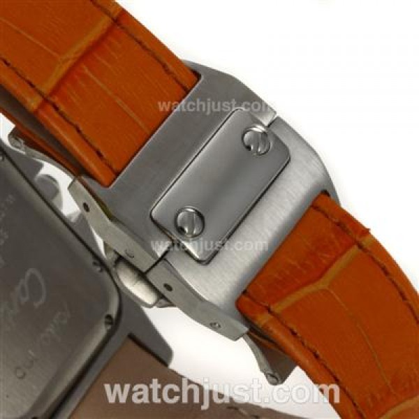 Cartier Santos 100 Diamond Bezel with White Dial-Orange Leather Strap
