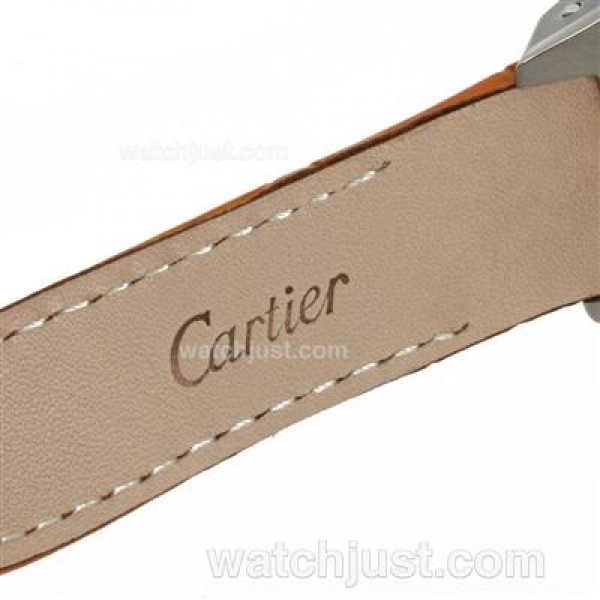 Cartier Santos 100 Diamond Bezel with White Dial-Orange Leather Strap